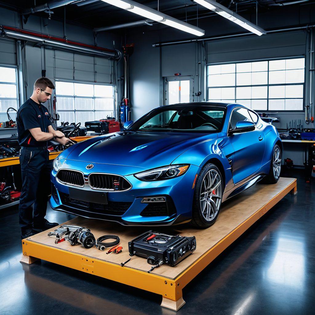 A sleek, high-performance car being fine-tuned in a modern workshop, with tools and gauges highlighting the precision tuning process. Faint blueprints of engine enhancements in the background, while vibrant energy lines symbolize performance efficiency. The mechanic is focused, showcasing expertise. super-realistic. vibrant colors. modern workshop setting.