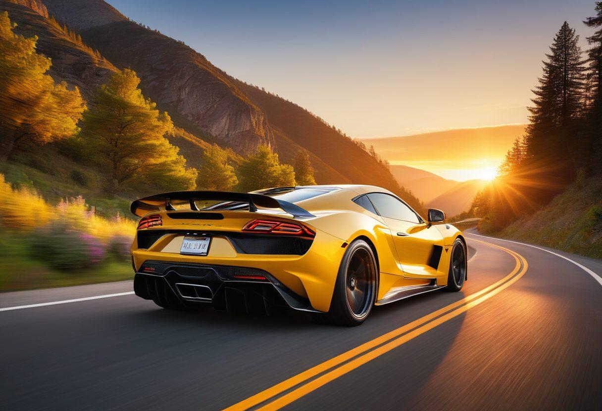 A sleek sports car racing down a winding mountain road, surrounded by lush greenery and vibrant wildflowers, symbolizing freedom and joy. The car showcases gleaming performance upgrades like a custom exhaust and alloy wheels, with a sun setting in the background casting warm golden hues. The scene should evoke a sense of exhilaration and happiness associated with elevated driving experiences. super-realistic. vibrant colors. dynamic composition.